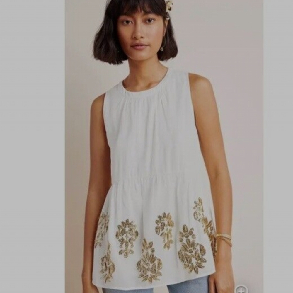 Anthropologie MAEVE Cotton Gold Sequin Embroidered Sleeveless Tunic